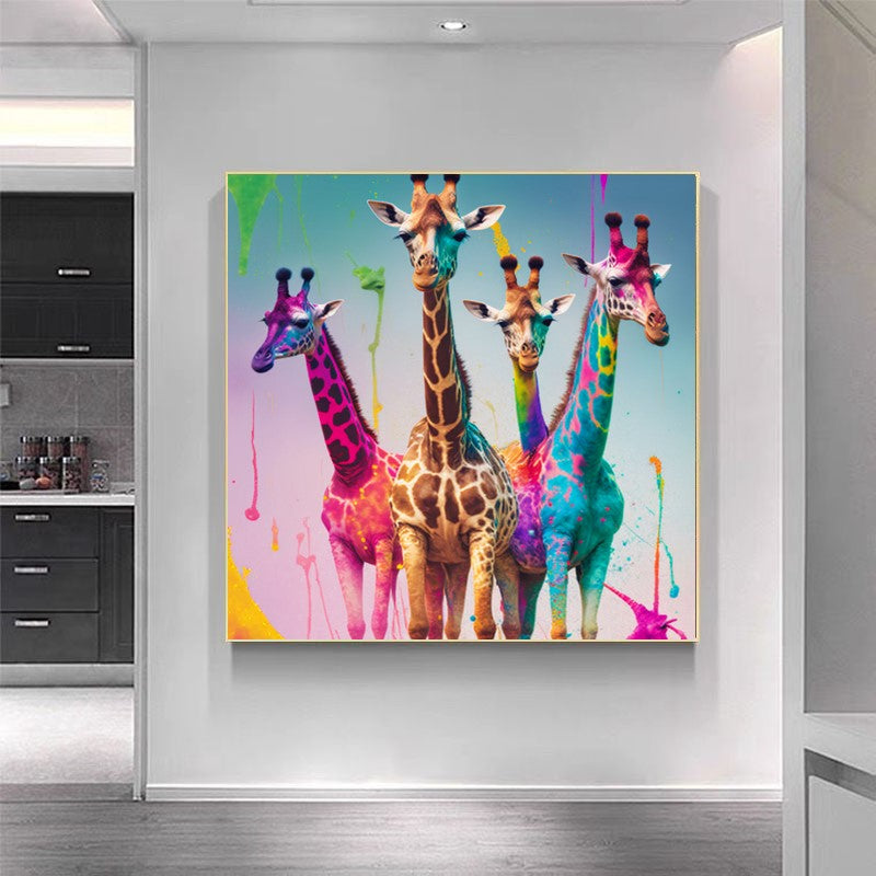 Colorful Giraffes Family, Creative Art Work, Modern Vivid Animal Art