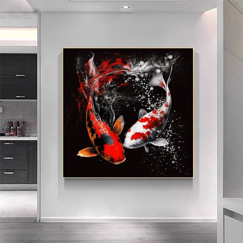 Majestic Two Gold Koi Fish Yin Yang - Elegant Canvas Art Print B