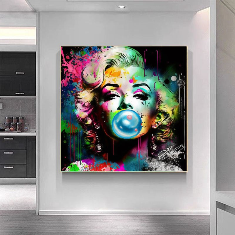 Retro Pop Art Diva - Marilyn Monroe with Pink Booble Gum - Stretched Printed Canvas