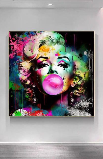 Retro Pop Art Diva - Marilyn Monroe with Pink Booble Gum - Stretched Printed Canvas PINK