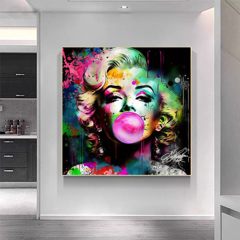 Retro Pop Art Diva - Marilyn Monroe with Pink Booble Gum - Stretched Printed Canvas