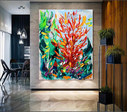 Modern Abstract Painting for Living room, Underwater World, Red Corall Art, Impasto Oil Painting on Canvas