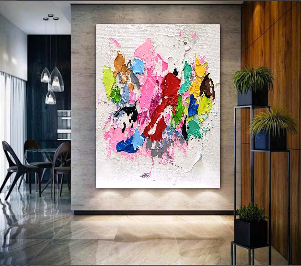 Pink Rainbow, Modern Abstract Impasto Oil Painting on Canvas