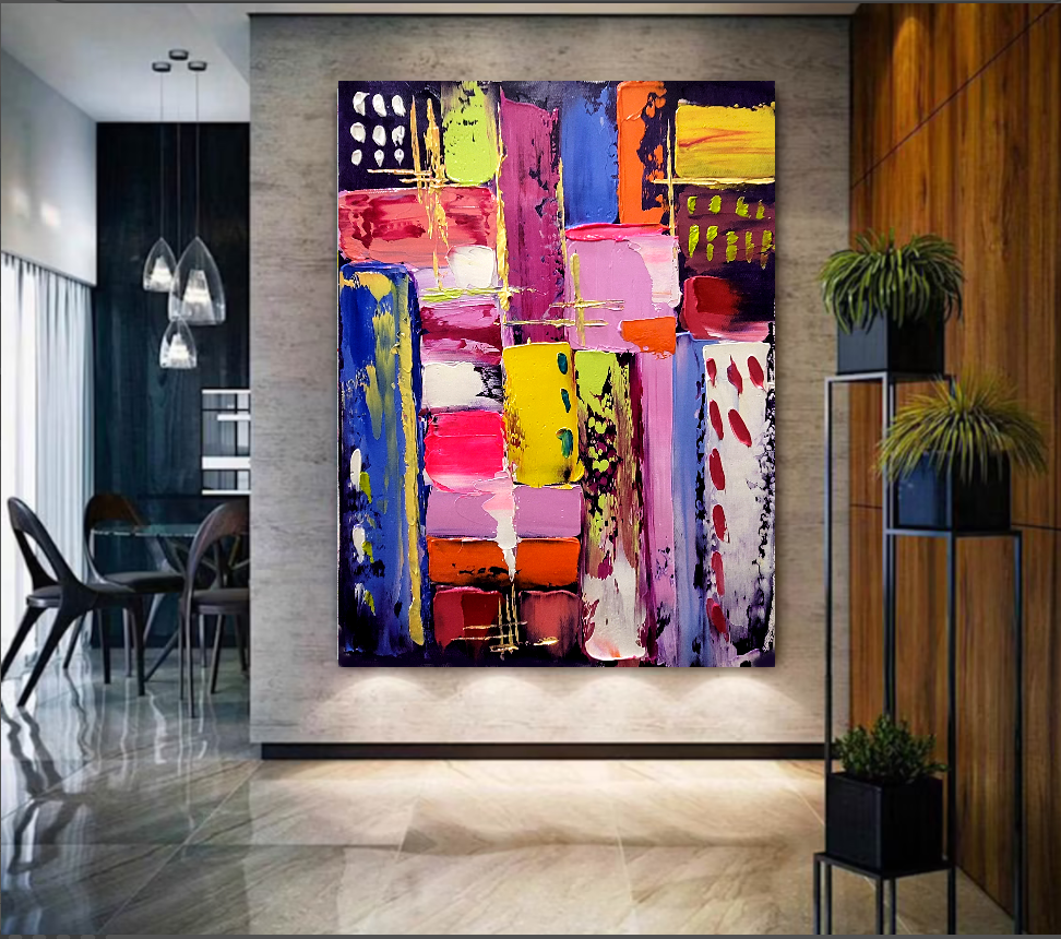 Vibrant Modern Abstract Art for Living room, Geometric Impasto Oil Painting on Canvas, Colorful Handmade Art for sale