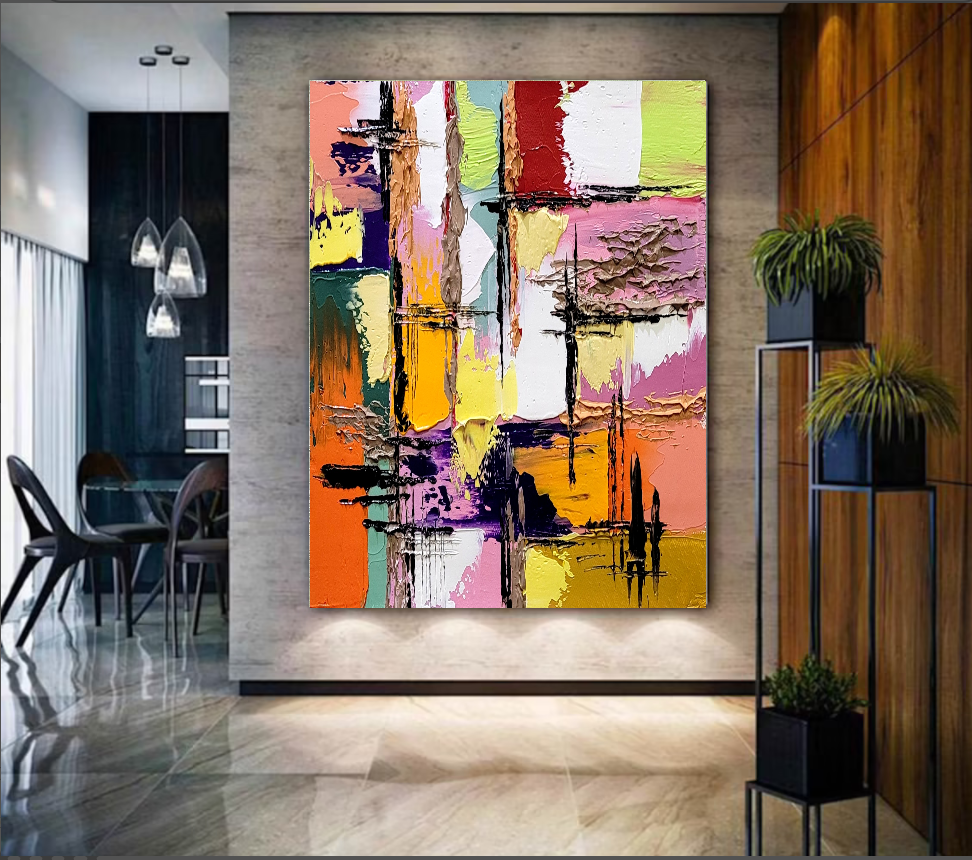 Colorful Abstract Painting, Geomertric Impasto Oil Painting on Canvas, Large Modern Wall Art