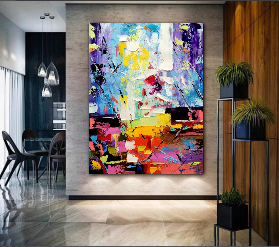 Vibrant Rainbow Modern Abstract Art for Living room, Impasto Oil Painting on Canvas, Handmade Art for sale