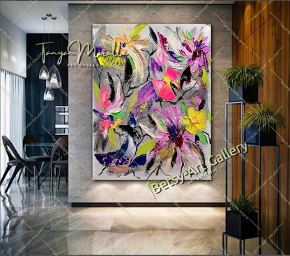 Floral Symphony - Modern Abstract Painting on Canvas, Impasto Wall Art