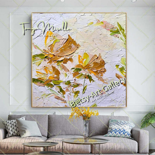 Gold Floral Oil Painting - Blooming Beauty Impasto Textured Original Artwork for Living Room