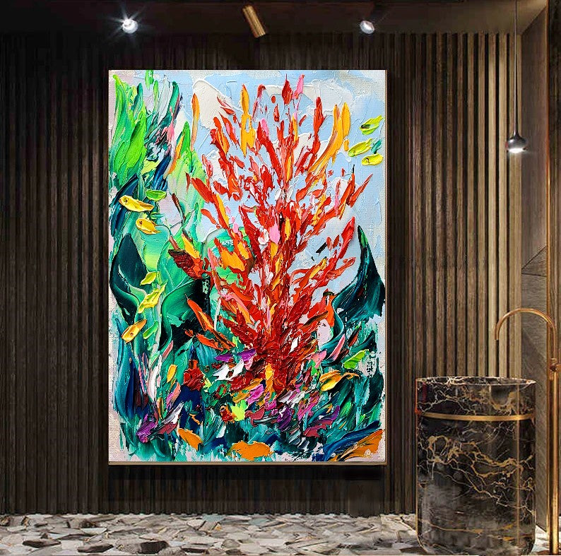 Modern Abstract Painting for Living room, Underwater World, Red Corall Art, Impasto Oil Painting on Canvas