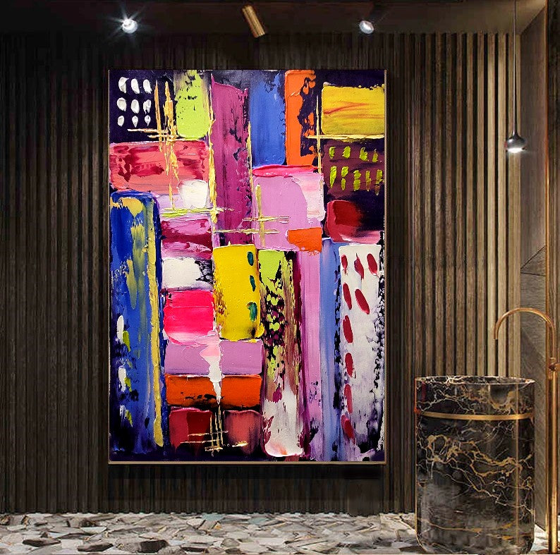 Vibrant Modern Abstract Art for Living room, Geometric Impasto Oil Painting on Canvas, Colorful Handmade Art for sale – Large – Oil on Canvas – {{ product.title }} canvas artwork by Tanya Mirelle – modern wall decor – original artwork for home, living room, office, or gallery – original artwork by BETSY-ART GALLERY