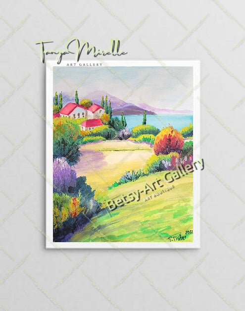 Vibrant Mediterranean Landscape Watercolor Painting, No Frame {{ shop_name }}watercolor art print birthday gift blooming garden art botanical print colorful painting floral art floral painting garden painting gift for mom mediterranean art mediterranean landscape painting nature painting paper painting small painting wall art home decor watercolor floral watercolor flowers watercolor landscape watercolor painting wildflowers painting