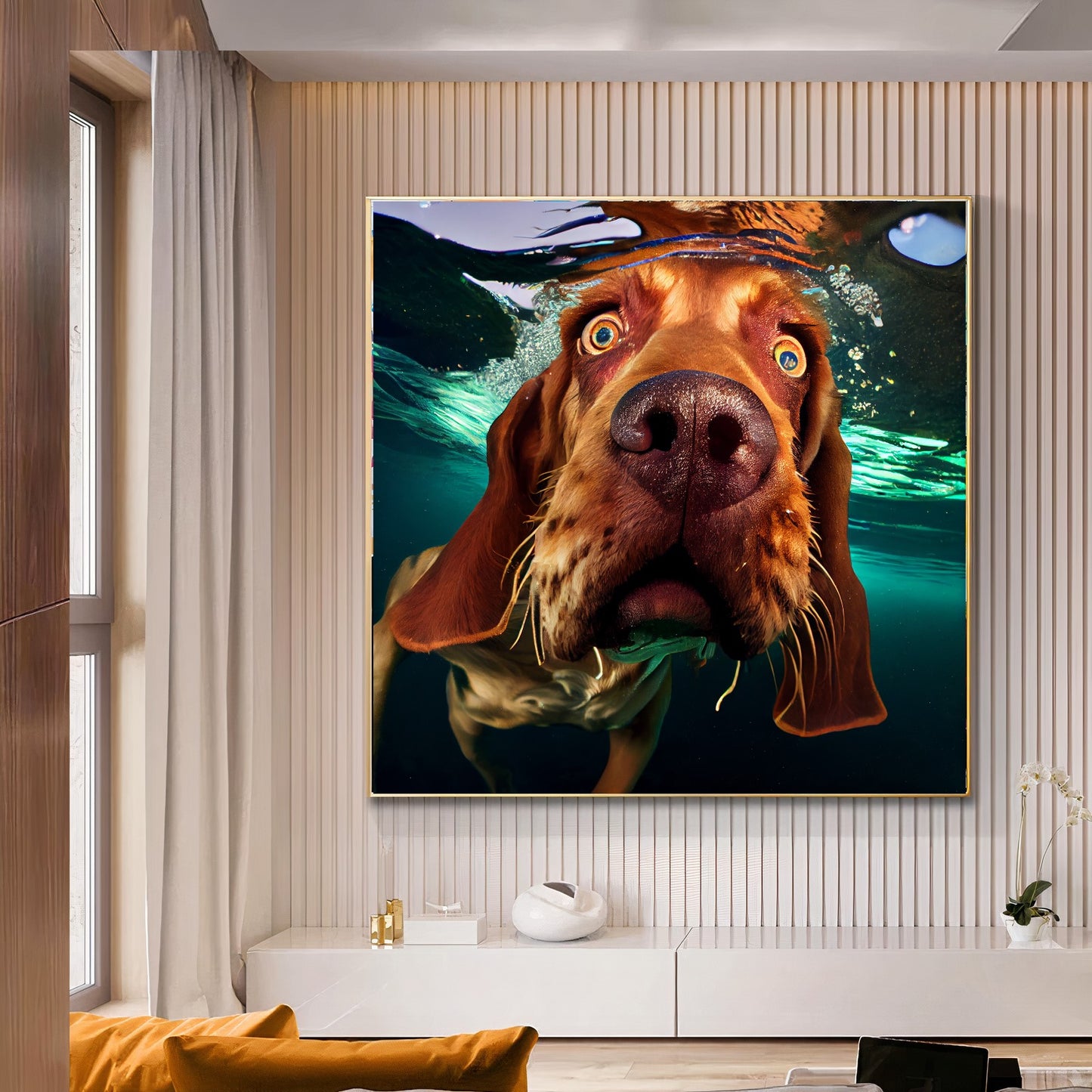 Underwater Dog Photography Canvas - Playful Modern Pet Art - Unique Wall Decor for Animal Lovers