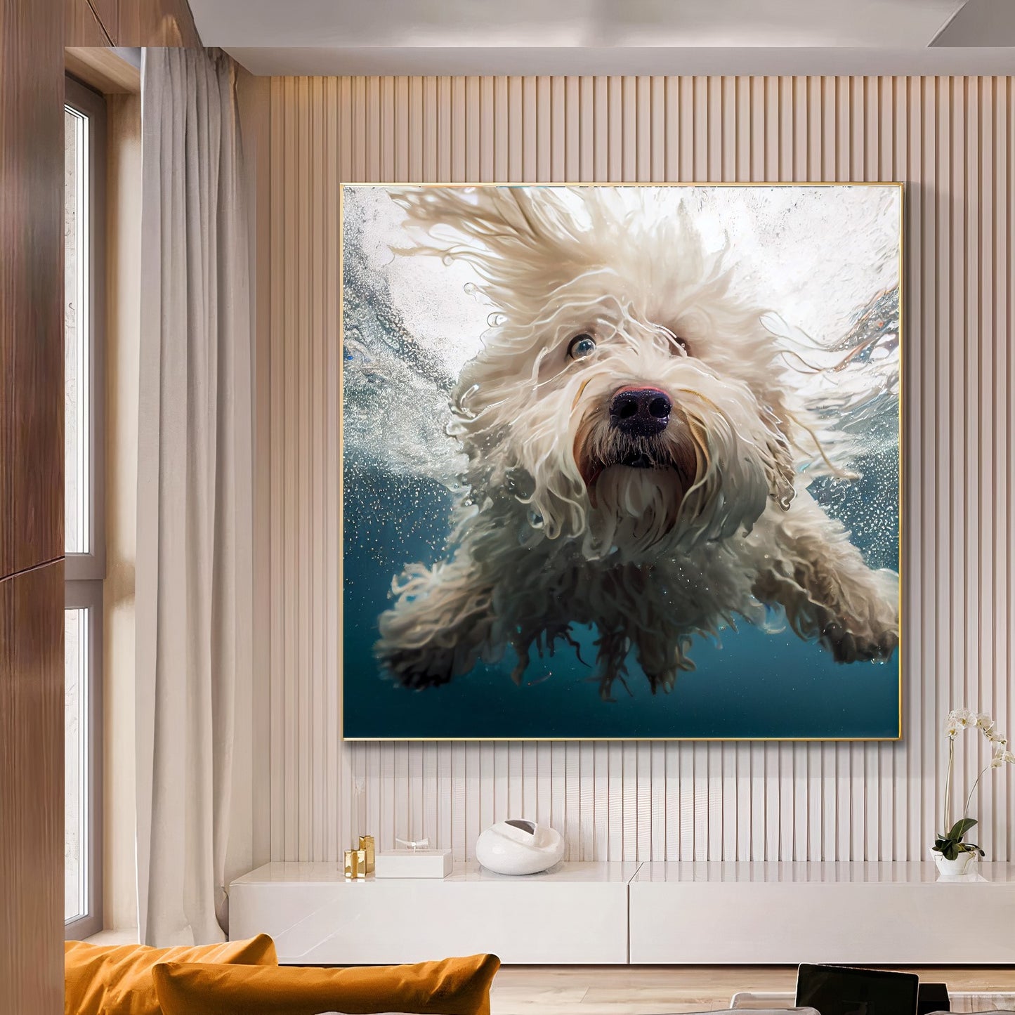 Underwater Dog Photography Canvas - Playful Modern Pet Art - Unique Wall Decor for Animal Lovers