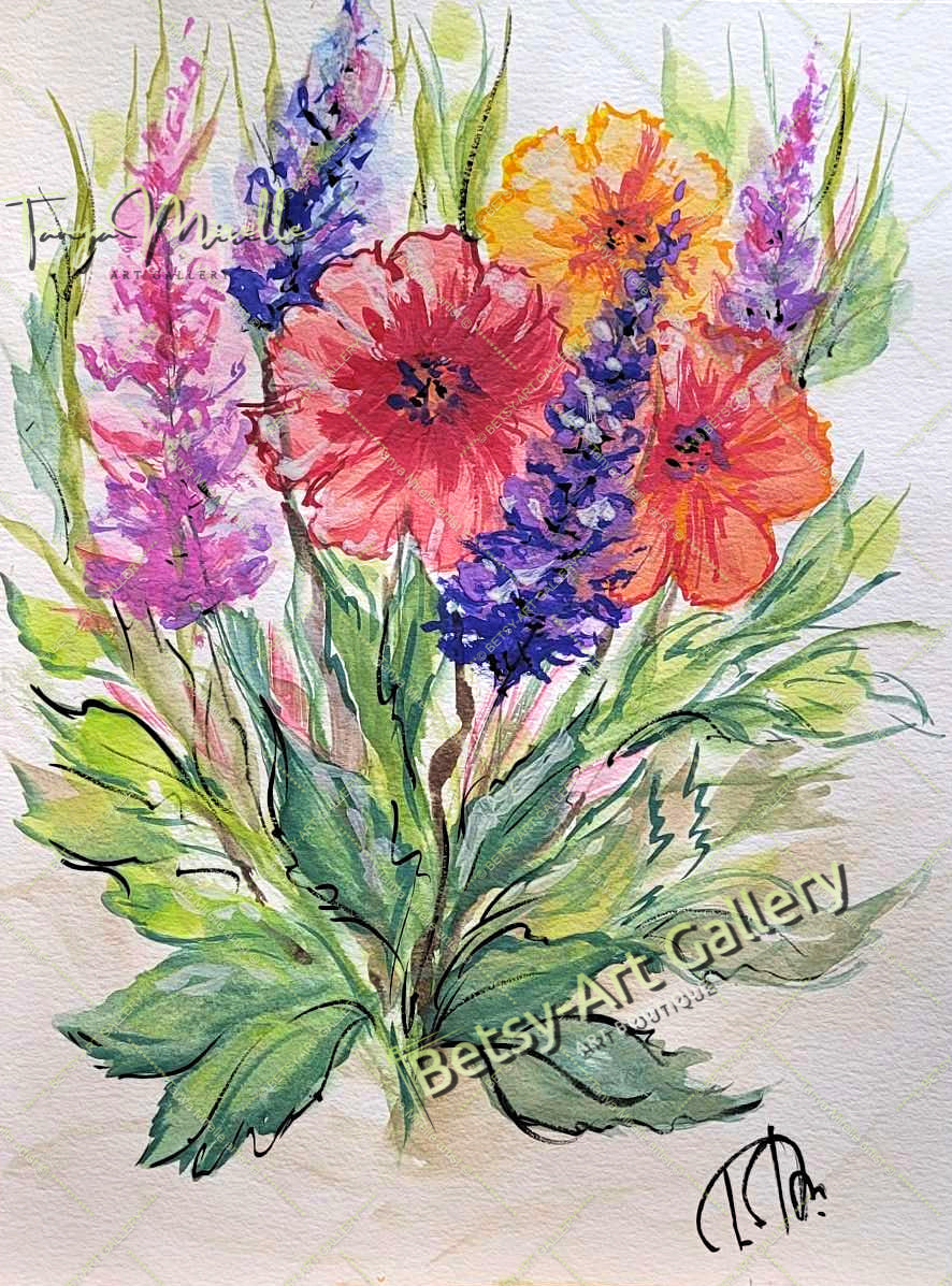 Garden Flowers Watercolor Painting, Botanical Wall Art No Frame {{ shop_name }}watercolor art print birthday gift blooming garden art botanical print colorful painting floral art floral painting garden painting gift for mom mediterranean art nature painting paper painting small painting wall art home decor watercolor floral watercolor flowers watercolor landscape watercolor painting wildflowers painting