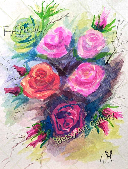 Garden Roses Watercolor Painting, Original Wall Art, No Frame {{ shop_name }}watercolor art print birthday gift blooming garden art botanical print colorful painting floral art floral painting garden painting garden roses painting gift for mom nature painting paper painting small painting wall art home decor watercolor floral watercolor flowers watercolor landscape watercolor painting wildflowers painting