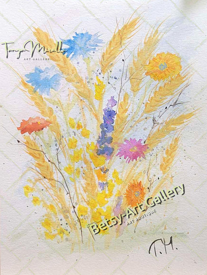 Watercolor Painting Ears of Wheat, Botanical Wall Art No Frame {{ shop_name }}watercolor art print birthday gift blooming garden art botanical print colorful painting floral art floral painting garden painting gift for mom mediterranean art nature painting paper painting small painting wall art home decor watercolor floral watercolor flowers watercolor landscape watercolor painting wildflowers painting