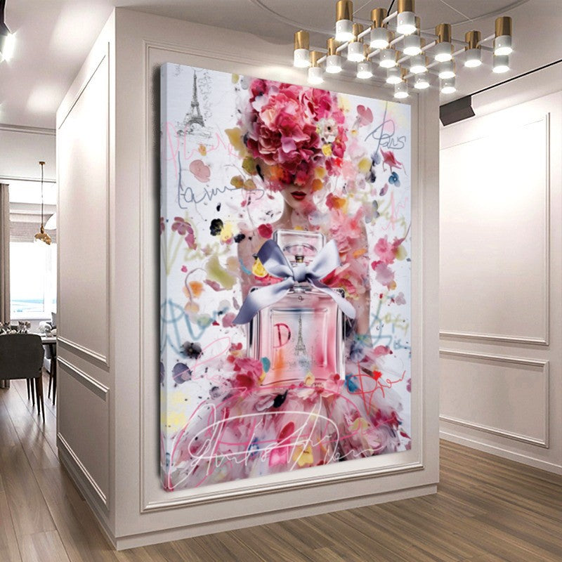 LARGE FASHION Wall Art, Flower Woman, Modern Perfume Art Print on Canvas – Large – Oil on Canvas – {{ product.title }} canvas artwork by Tanya Mirelle – modern wall decor – original artwork for home, living room, office, or gallery – original artwork by BETSY-ART GALLERY
