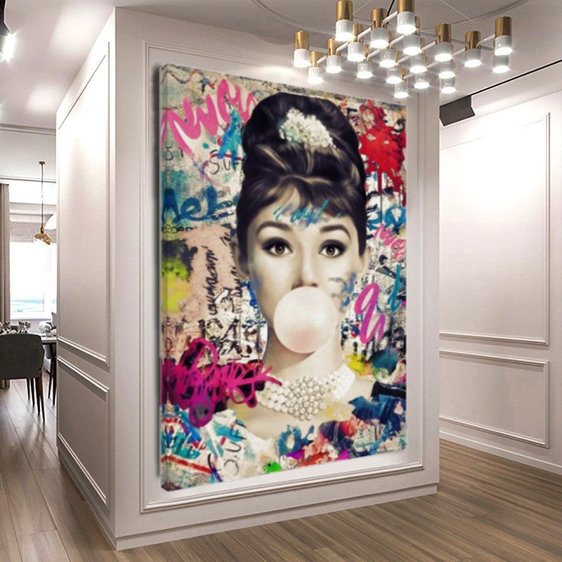 Audrey Hepburn Bubble gum Pop Art - Large Canvas Print - Retro Hollywood Print D