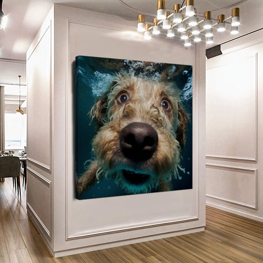 Underwater Dog Photography Canvas - Playful Modern Pet Art - Unique Wall Decor for Animal Lovers