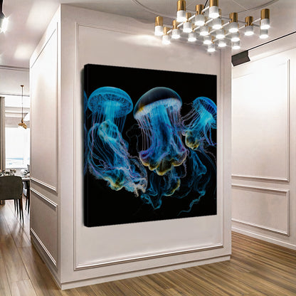 Blue Neon Jellyfish Explosion - Abstract Canvas Print of Underwater Life