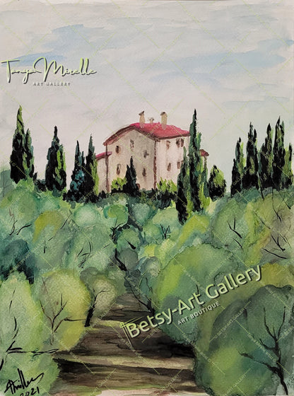 Olive Garden Watercolor Painting, Original Wall Art, No Frame {{ shop_name }}watercolor art print birthday gift blooming garden art botanical print colorful painting floral art floral painting garden painting gift for mom mediterranean art nature painting olive garden painting paper painting small painting wall art home decor watercolor floral watercolor flowers watercolor landscape watercolor painting wildflowers painting