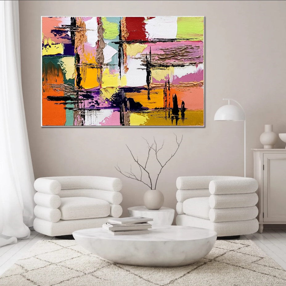 Colorful Abstract Painting, Geomertric Impasto Oil Painting on Canvas, Large Modern Wall Art