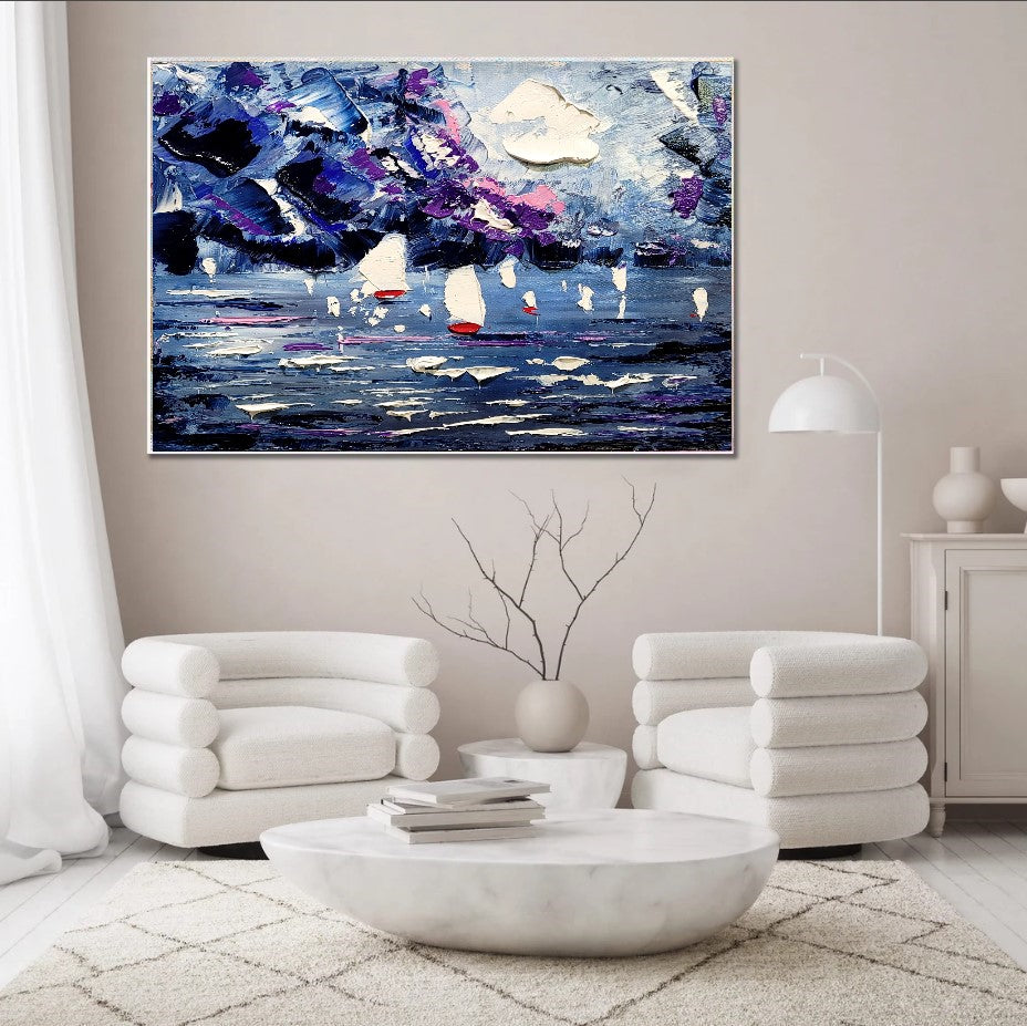 Seascape Painting, Abstract Wall Art, Modern Impasto Oil Painting on Canvas