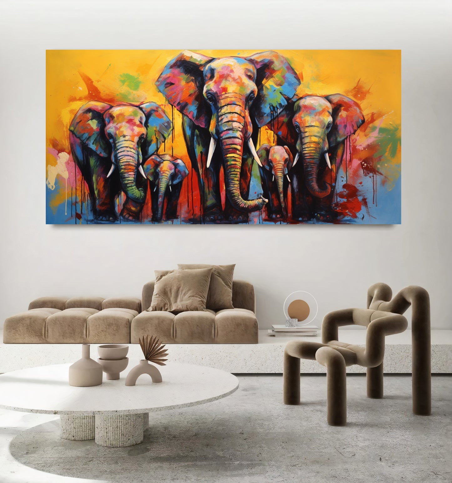 Vibrant Elephant Family - Colorful Canvas Art, Modern Prin on Canvas