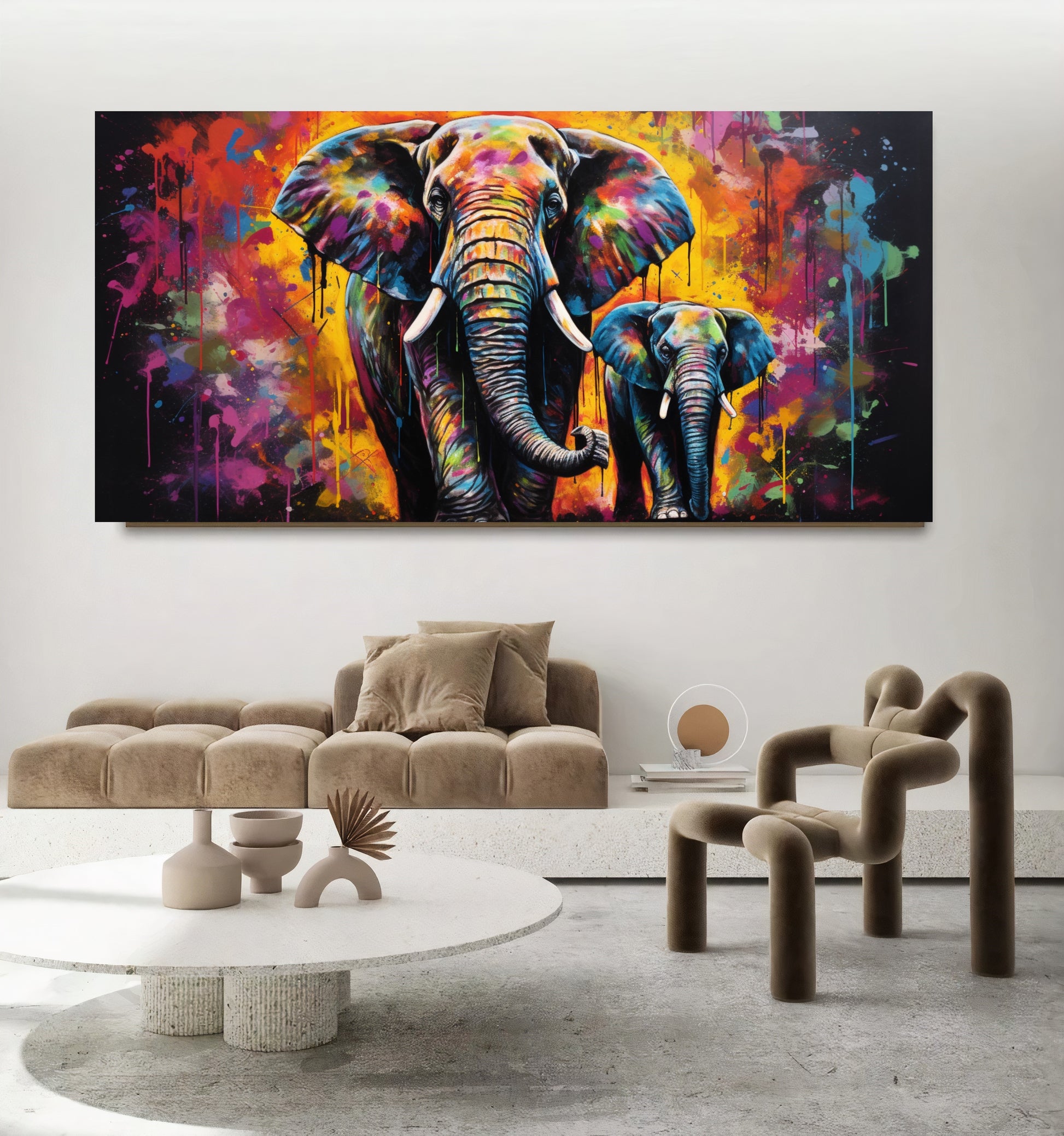 Vibrant Elephant Family - Colorful Canvas Art, Modern Prin on Canvas