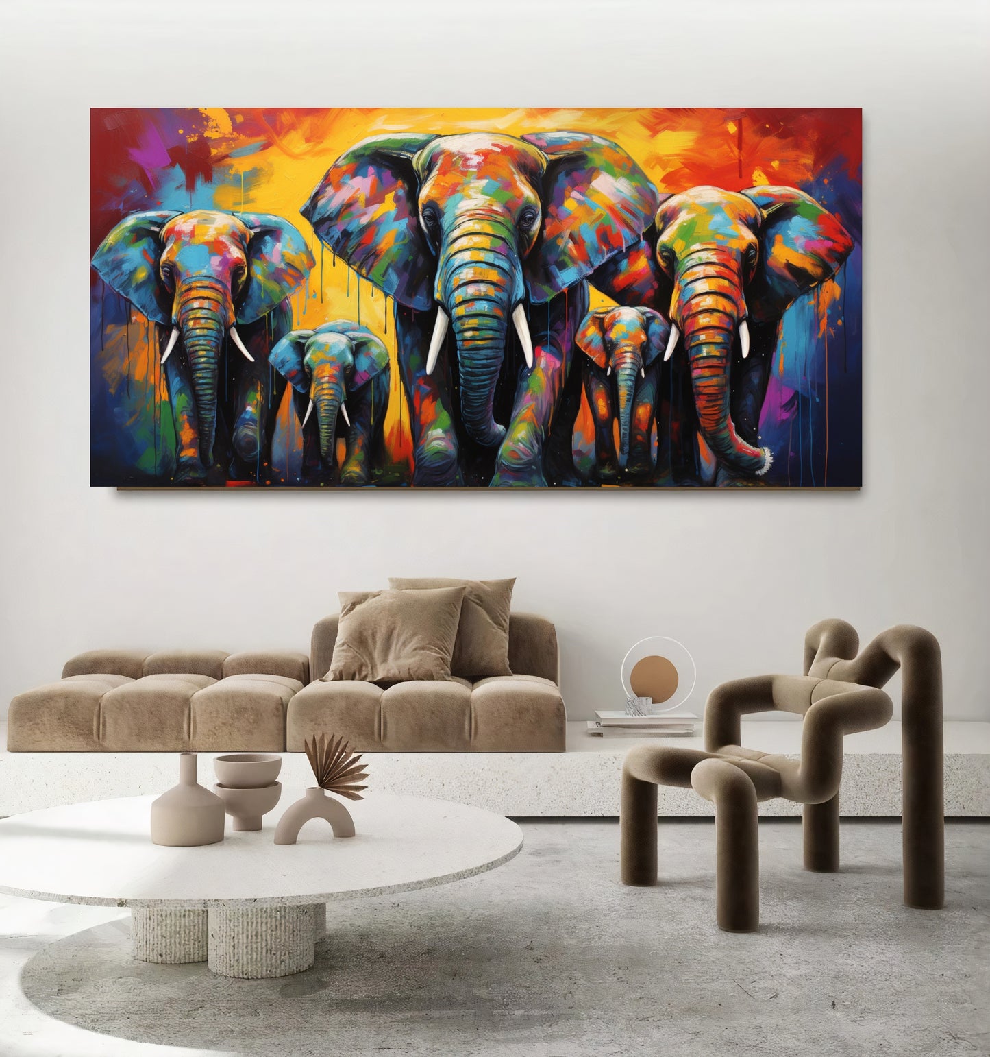 Vibrant Elephant Family - Colorful Canvas Art, Modern Prin on Canvas