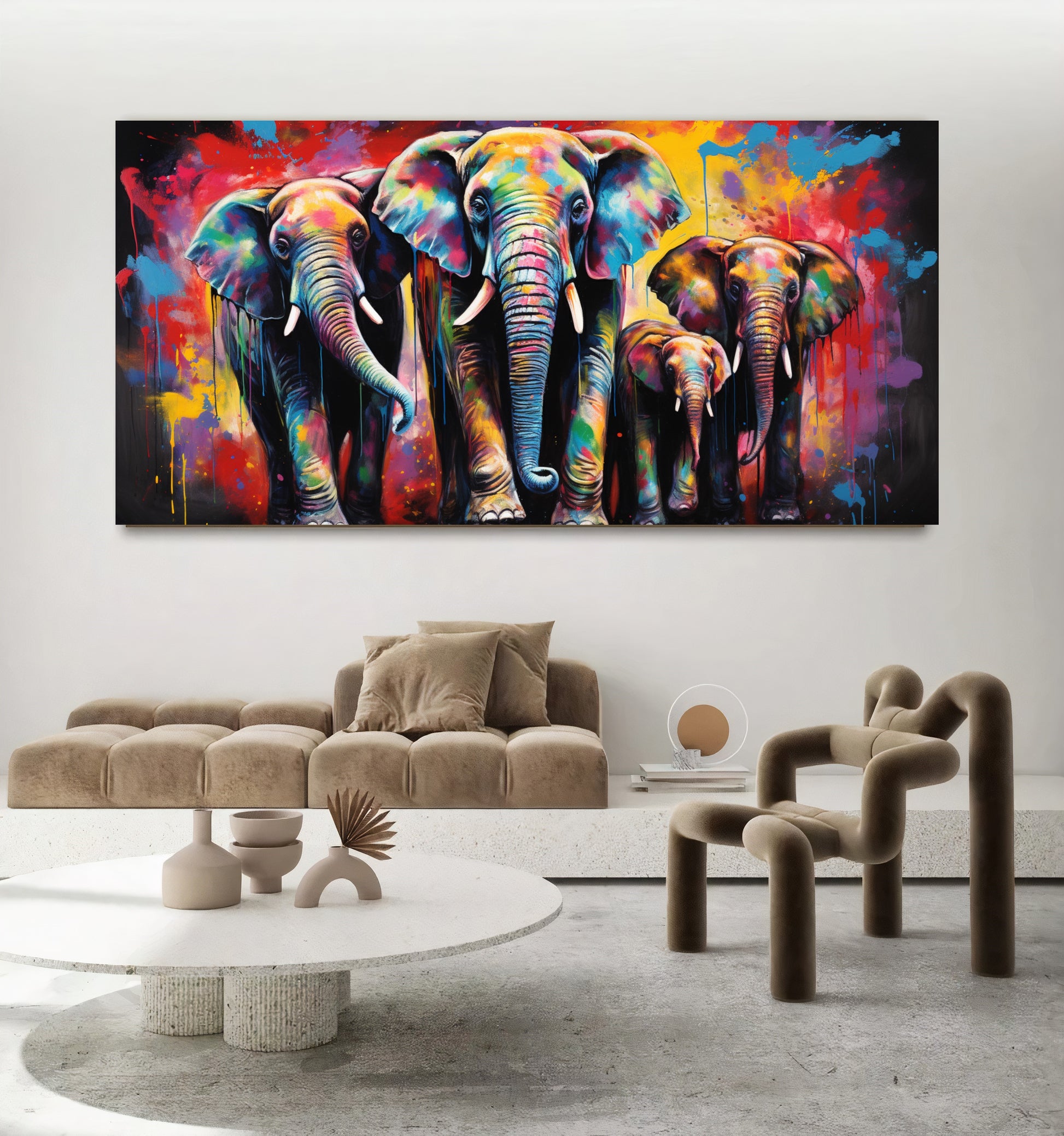 Vibrant Elephant Family - Colorful Canvas Art, Modern Prin on Canvas