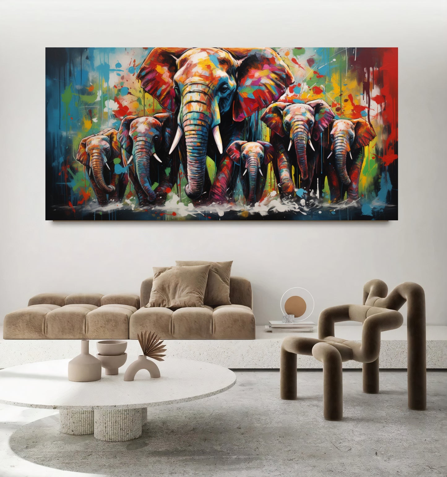 Vibrant Elephant Family - Colorful Canvas Art, Modern Prin on Canvas