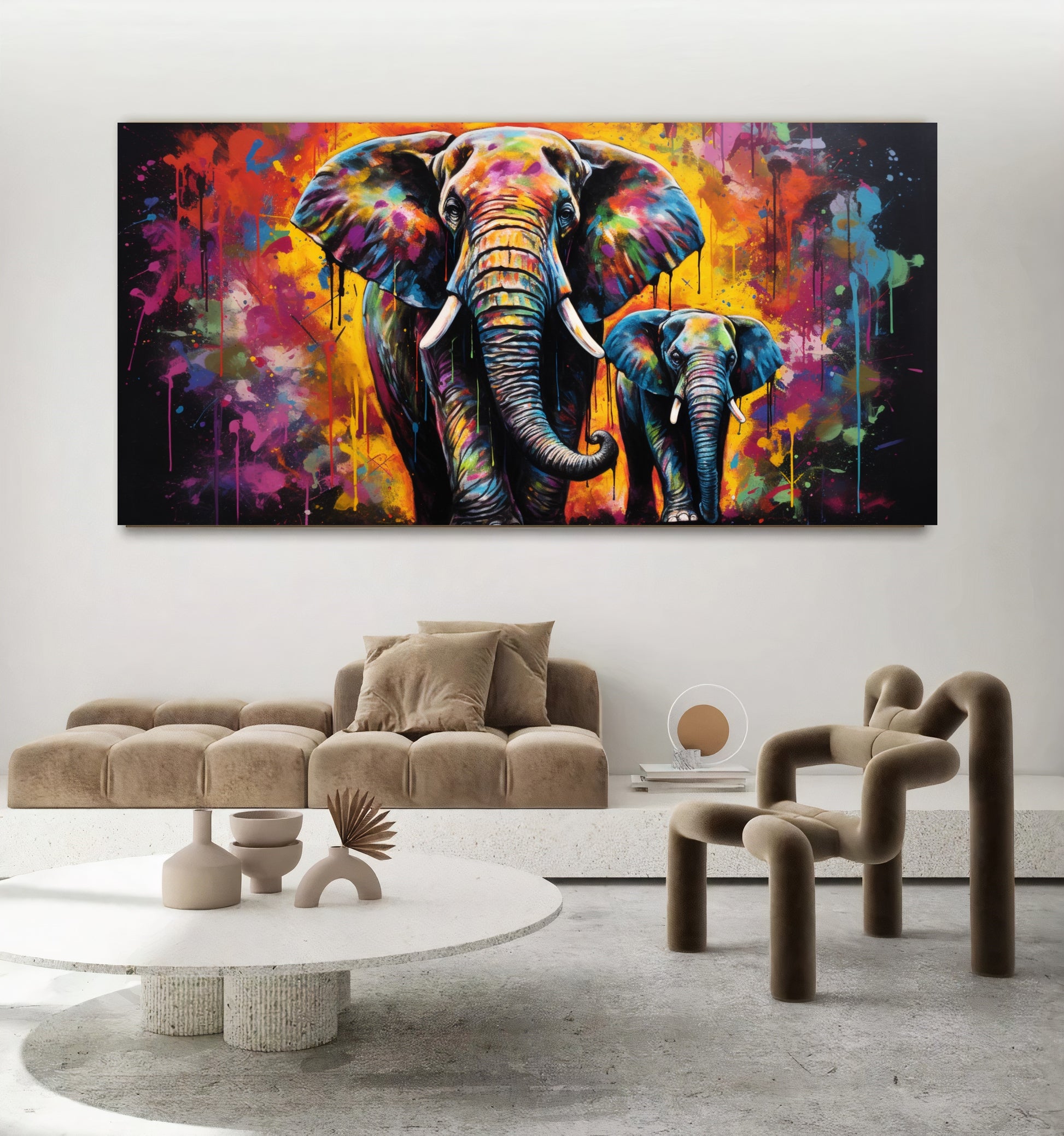 Vibrant Elephant Family - Colorful Canvas Art, Modern Prin on Canvas