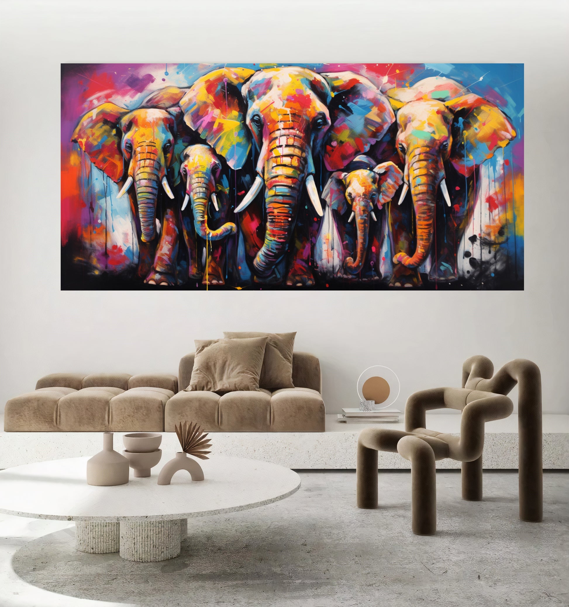 Vibrant Elephant Family - Colorful Canvas Art, Modern Prin on Canvas