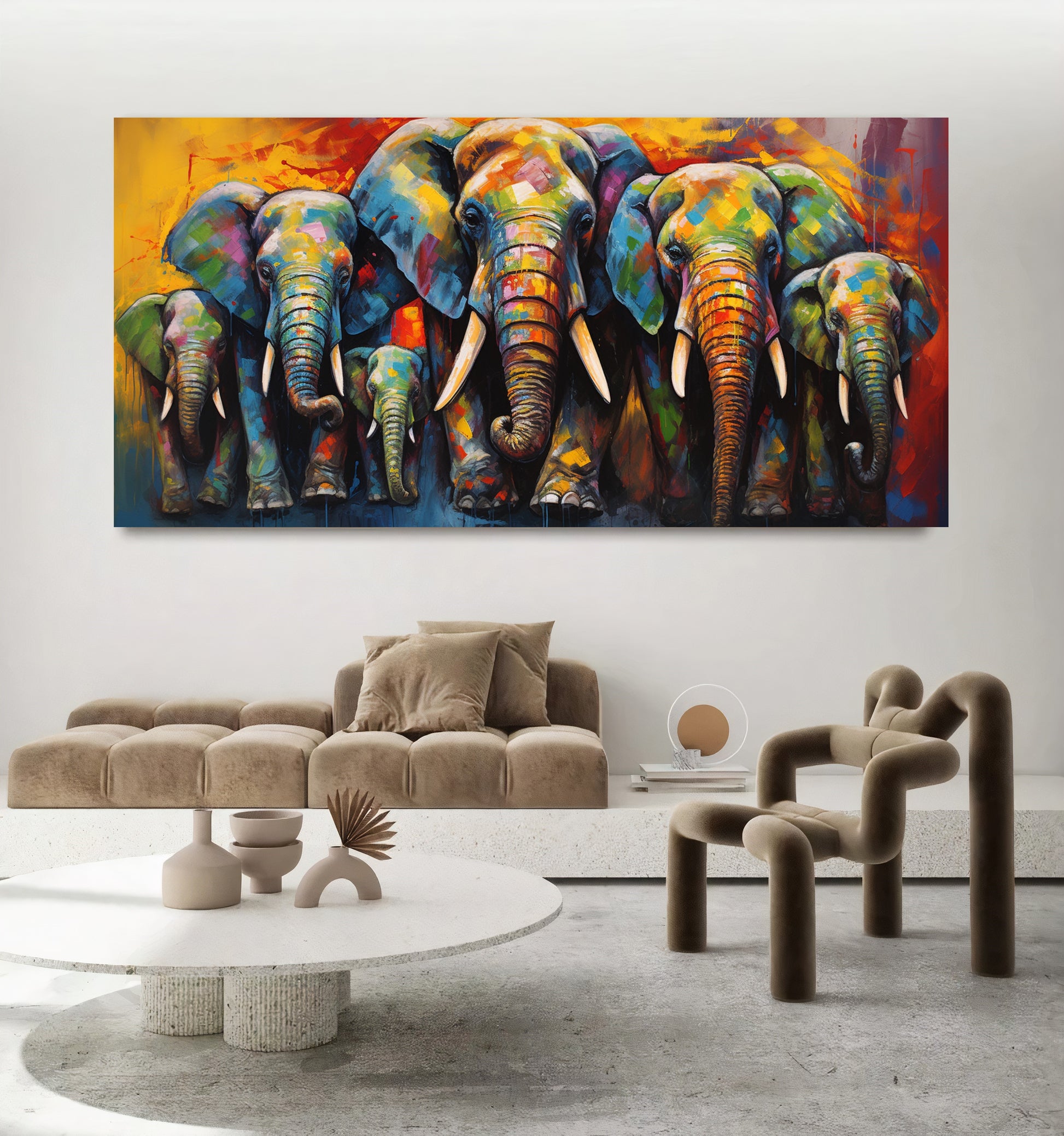 Vibrant Elephant Family - Colorful Canvas Art, Modern Prin on Canvas