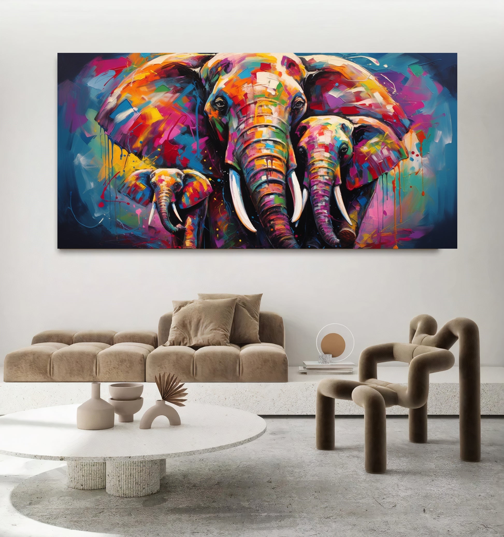 Vibrant Elephant Family - Colorful Canvas Art, Modern Prin on Canvas