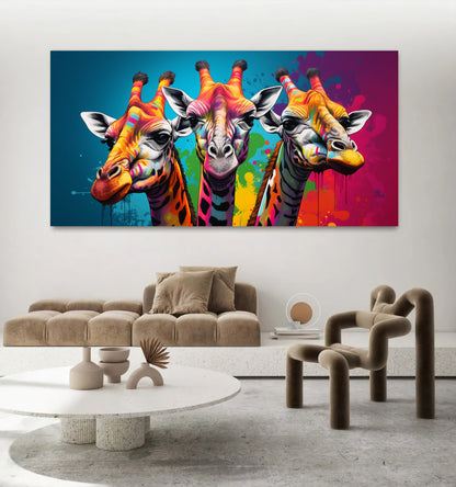 Vibrant Giraffe Family Canvas Art - Colorful Giraffes on Abstract Background, Modern Prin on Canvas