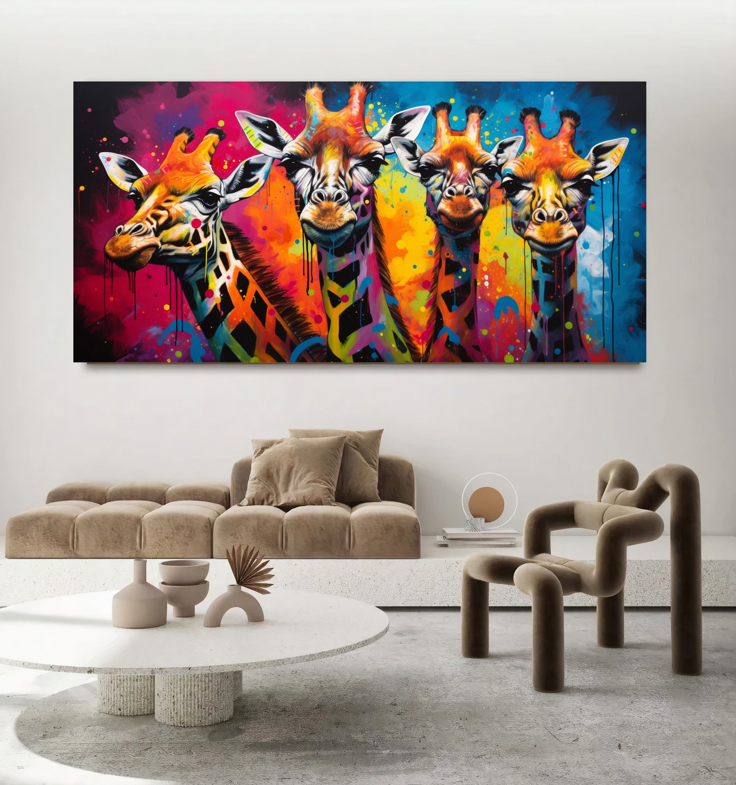 Vibrant Giraffe Family Canvas Art - Colorful Giraffes on Abstract Background, Modern Prin on Canvas