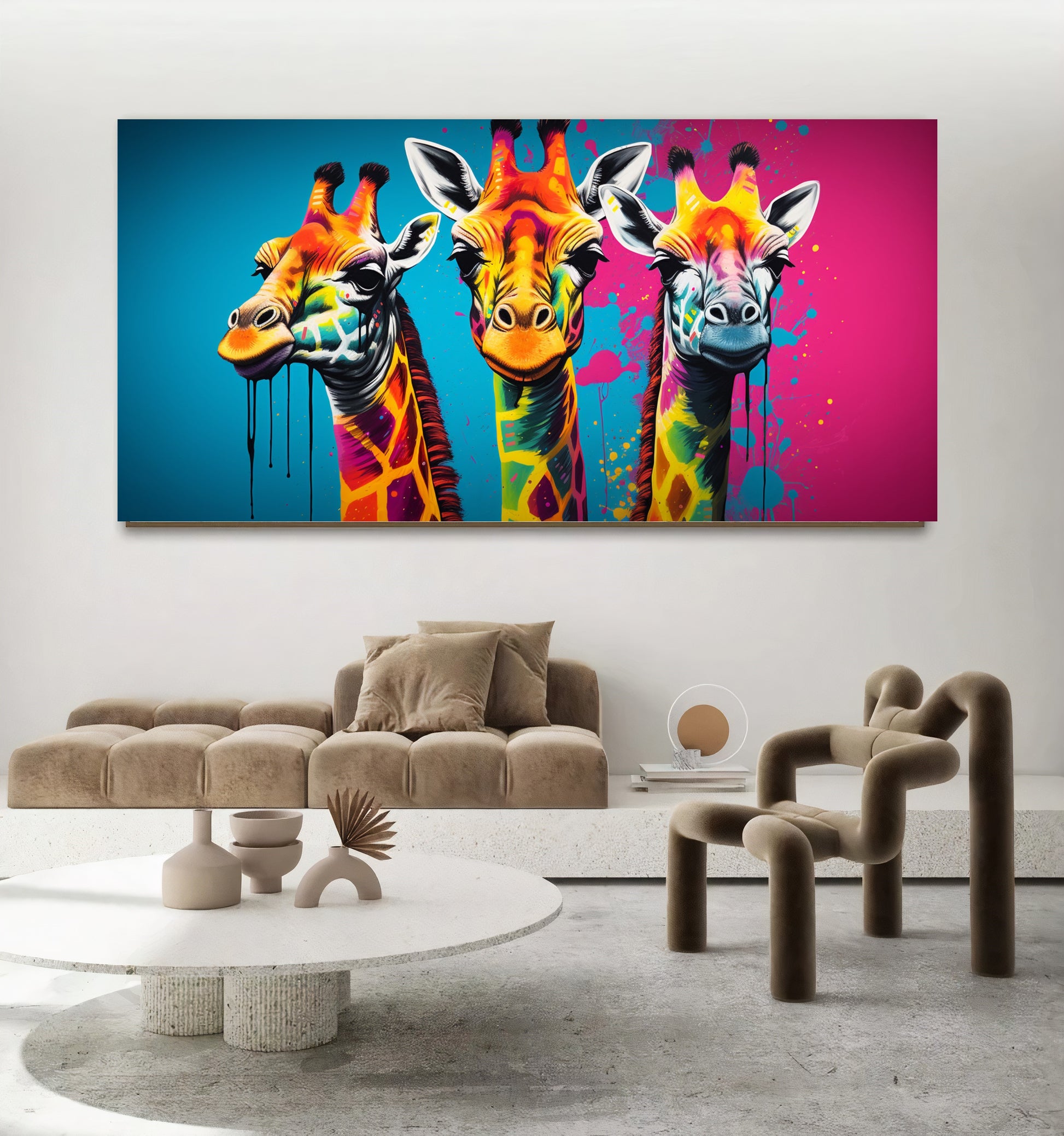 Vibrant Giraffe Family Canvas Art - Colorful Giraffes on Abstract Background, Modern Prin on Canvas