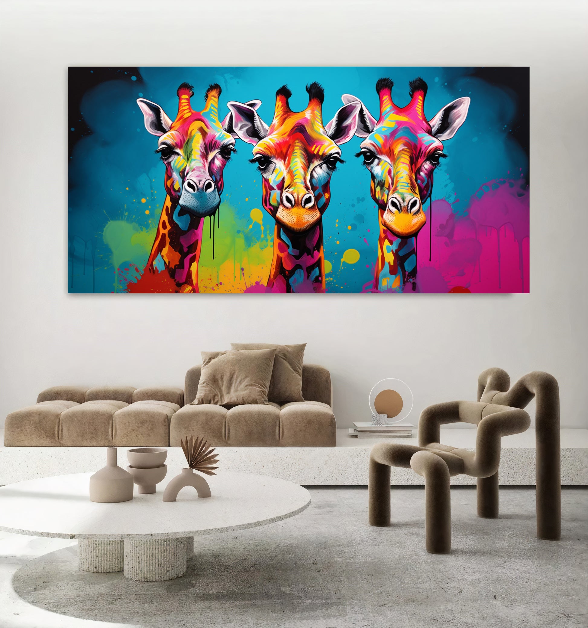 Vibrant Giraffe Family Canvas Art - Colorful Giraffes on Abstract Background, Modern Prin on Canvas