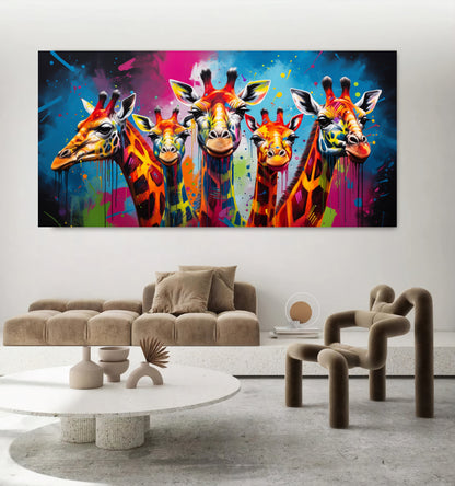 Vibrant Giraffe Family Canvas Art - Colorful Giraffes on Abstract Background, Modern Prin on Canvas