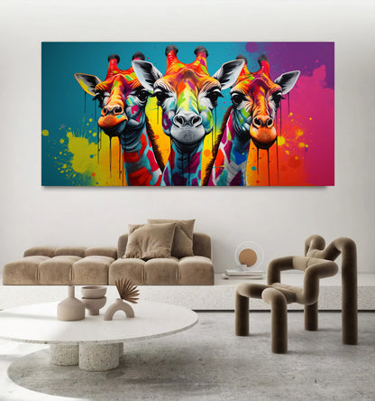 Vibrant Giraffe Family Canvas Art - Colorful Giraffes on Abstract Background, Modern Prin on Canvas