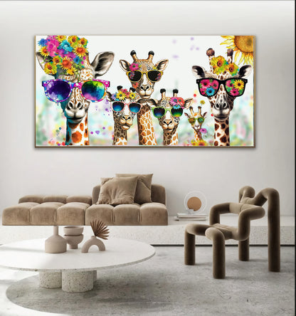 Bold Color Sunny Family of Giraffes in Sunglasses - Fun Pop Art Canvas Print