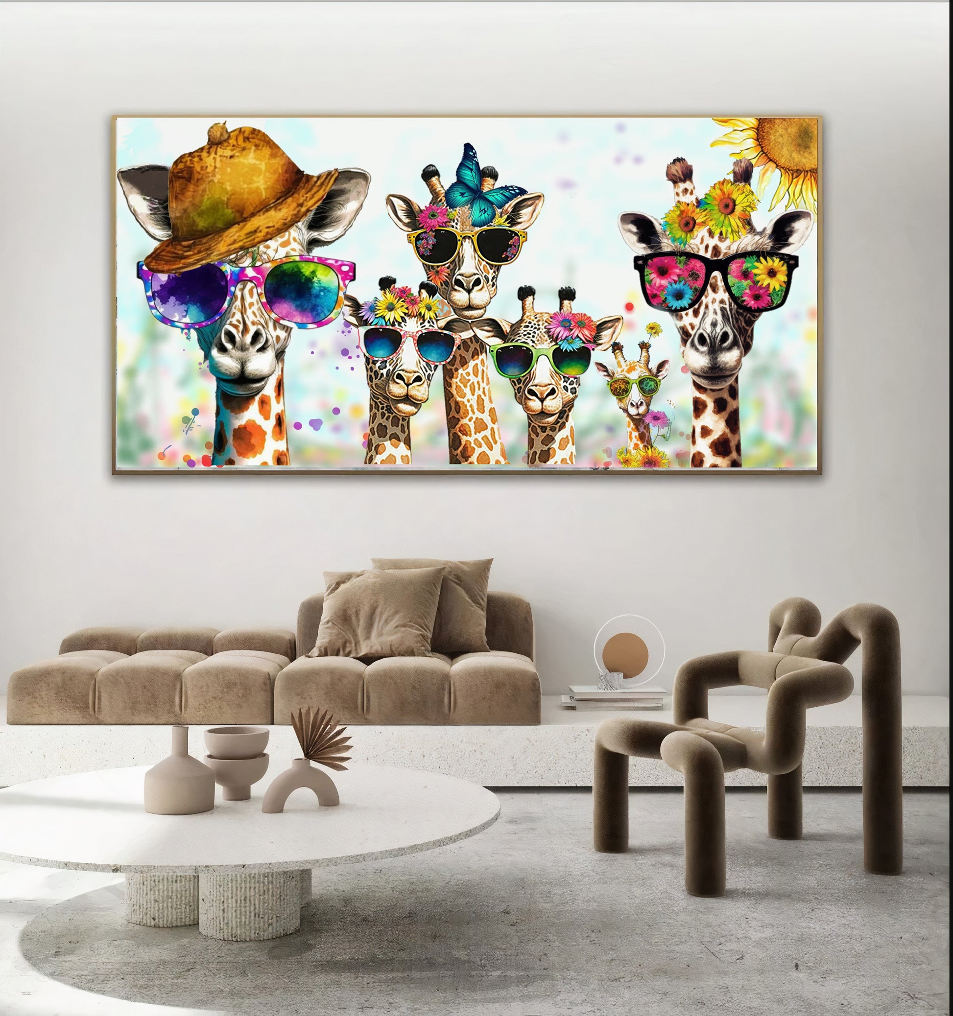 Bold Color Sunny Family of Giraffes in Sunglasses - Fun Pop Art Canvas Print