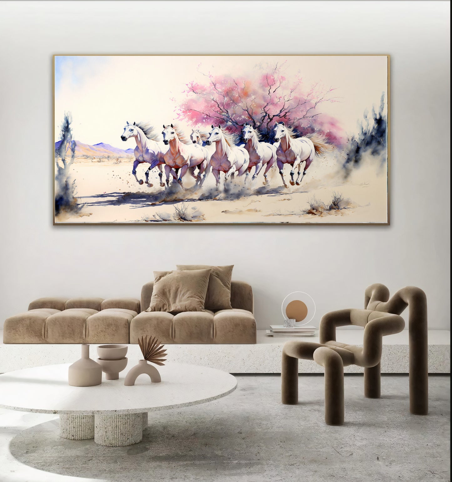 Majestic White Horses - Dynamic Running Horses in Desert, Printed Canvas Art