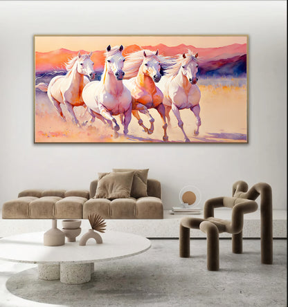 Majestic White Horses - Dynamic Running Horses in Desert, Printed Canvas Art D