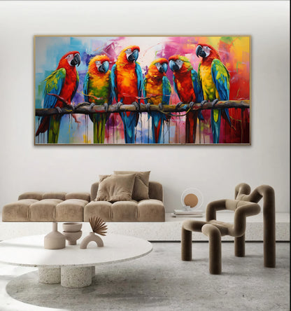 Vibrant Parrot Family Canvas Art - Colorful Macaws on a Branch, Modern Prin on Canvas