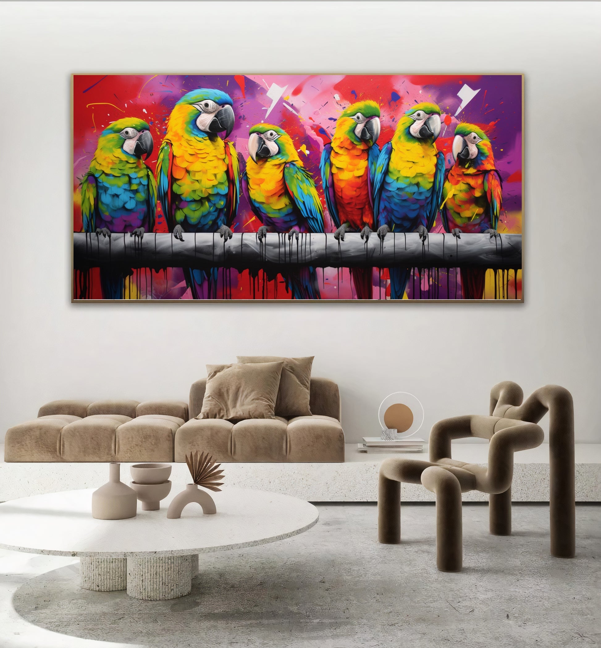 Vibrant Parrot Family Canvas Art - Colorful Macaws on a Branch, Modern Prin on Canvas