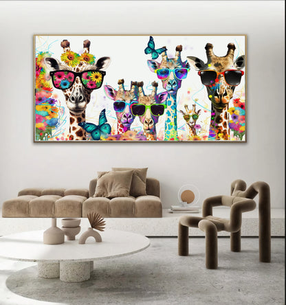 Bold Color Sunny Family of Giraffes in Sunglasses - Fun Pop Art Canvas Print