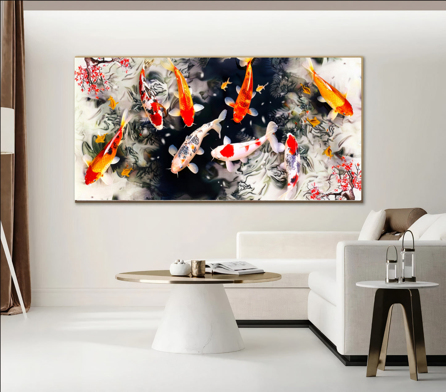 Serene Koi Pond - Vibrant Nine Koi Fish Canvas Art with Cherry Blossoms, Print on Canvas